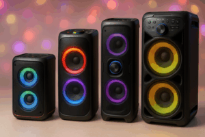 "Vier verschillende partyboxen naast elkaar, elk met unieke feestdecoraties en accessoires voor diverse feestthema's."