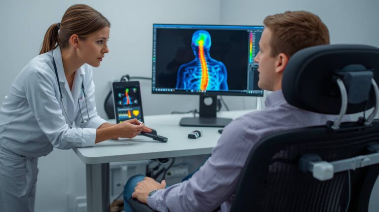 testers evalueren bureaustoelen in kantooromgeving met houdingsanalyse-apparatuur