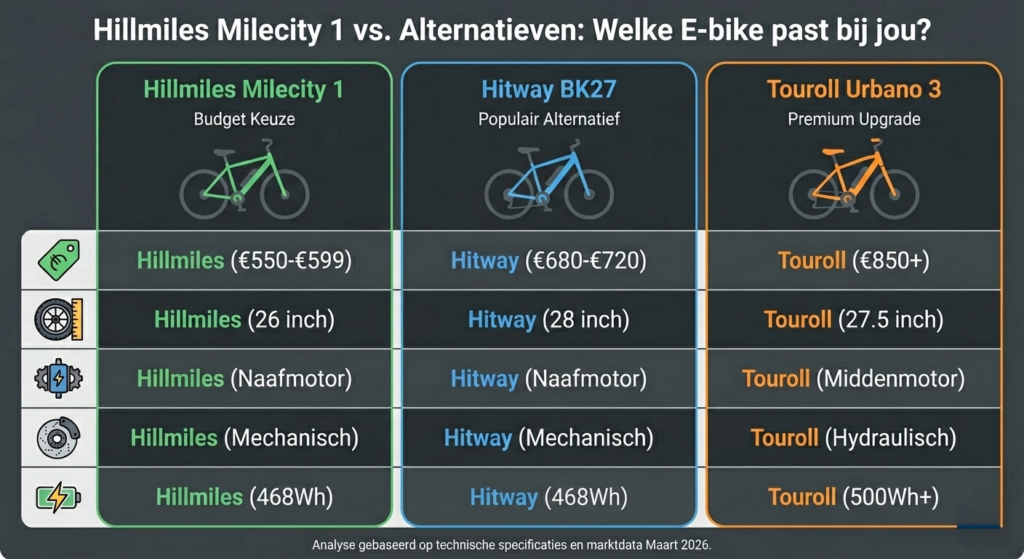 Vergelijkingstabel van de Hillmiles Milecity 1 versus Hitway BK27 en Touroll Urbano 3 elektrische fietsen, inclusief prijs, motor en remmen.